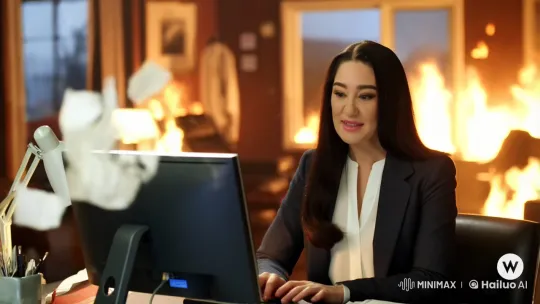 Woman Works Calmly Amidst Office Fire – AI Generated Video | Hailuo AI