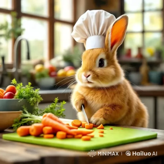 Cheery Rabbit Chef Slices Carrots, Dances in Sunlit Kitchen – AI Generated Video | Hailuo AI