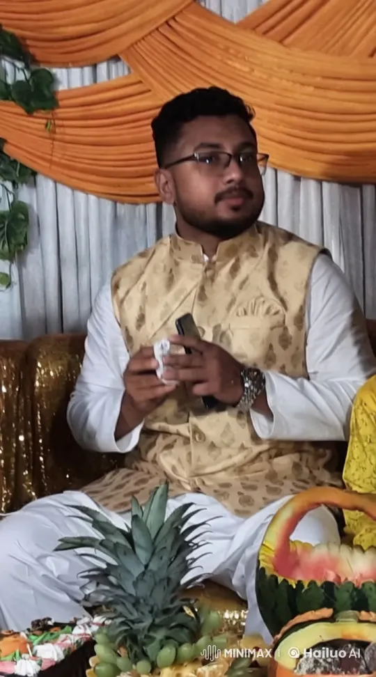 Man Cries and Dances Festively with Fruit-Decorated Background – AI Generated Video | Hailuo AI