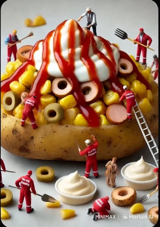 Miniature Workers Arrange Toppings on Giant Potato – AI Generated Video | Hailuo AI