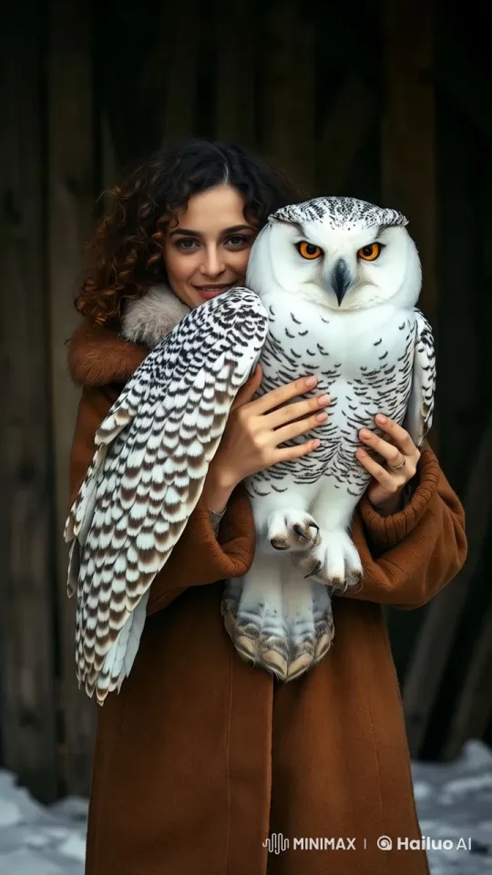 Woman Strokes White Owl with Orange Eyes in Snowy Setting – AI Generated Video | Hailuo AI