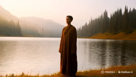 Contemplative Figure at Misty Lake with Ethereal Aesthetics – AI Generated Video | Hailuo AI
