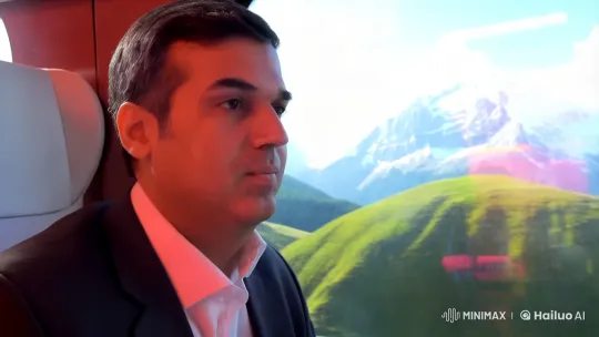 Man Contemplates Swiss Alps from Train Seat – AI Generated Video | Hailuo AI