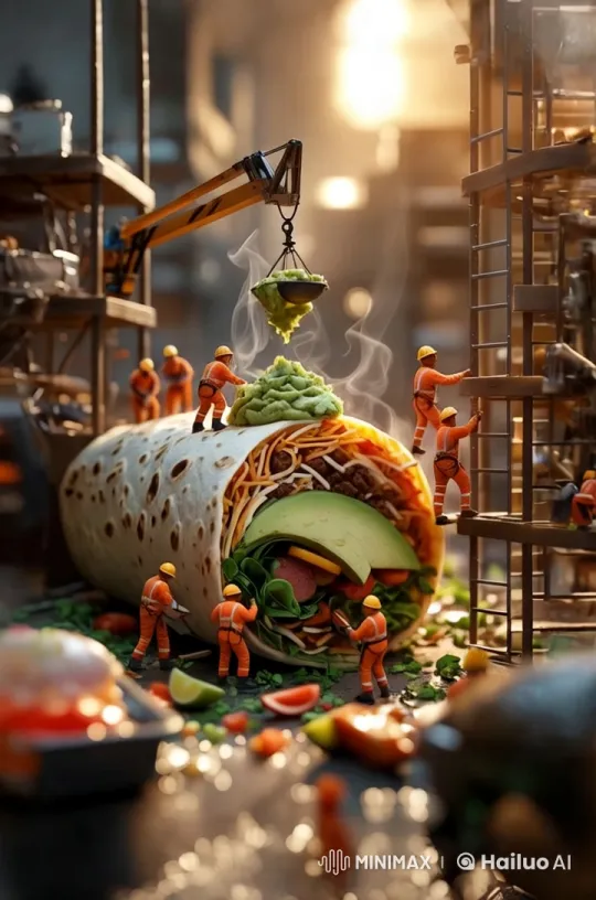 Miniature Builders Craft Giant Aesthetic Burrito – AI Generated Video | Hailuo AI