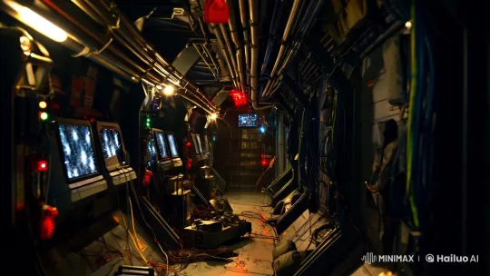 Damaged Spaceship Corridor: Protagonist's Perilous Journey – AI Generated Video | Hailuo AI