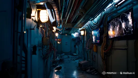 Damaged Spaceship Corridor: Heroine's Perilous Journey – AI Generated Video | Hailuo AI