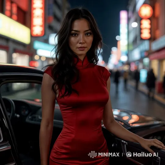 Woman in Red Dress Captivates in Neon-Lit Cityscape – AI Generated Video | Hailuo AI