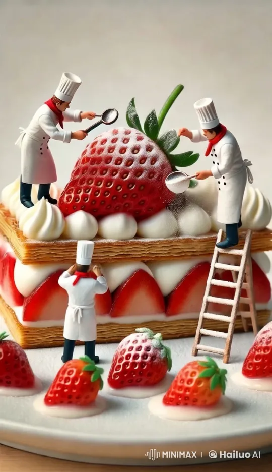 Hyper-Realistic Macro Chefs Create Giant Strawberry Cake – AI Generated Video | Hailuo AI