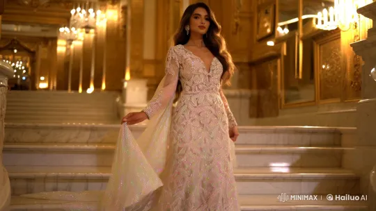 Elegant Descent: A Graceful Woman in Luxurious Grandeur – AI Generated Video | Hailuo AI