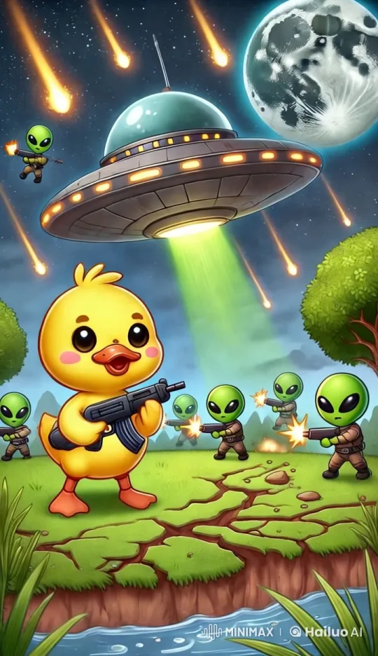 Duck Defends Cracked Earth from Alien Invasion – AI Generated Video | Hailuo AI