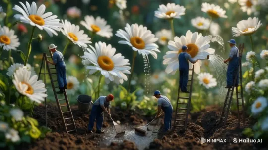 Miniature Gardeners Tend to Giant Daisies – AI Generated Video | Hailuo AI