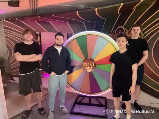 Guys Celebrate Big Win on Colorful Wheel of Fortune – AI Generated Video | Hailuo AI