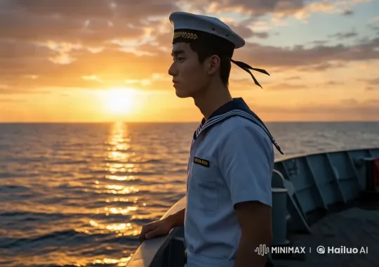 Sailor Reflects on Homeland as Golden Sunset Illuminates Ocean – AI Generated Video | Hailuo AI