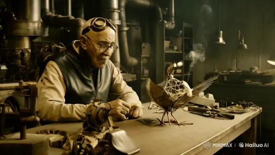 Retro Craftsman Crafting Futuristic Bird Model – AI Generated Video | Hailuo AI