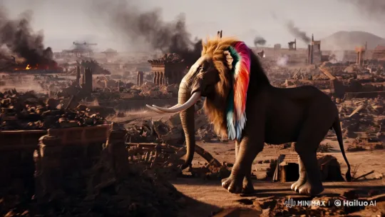 Surreal Creature in War-Torn Landscape: Myth Meets Chaos – AI Generated Video | Hailuo AI