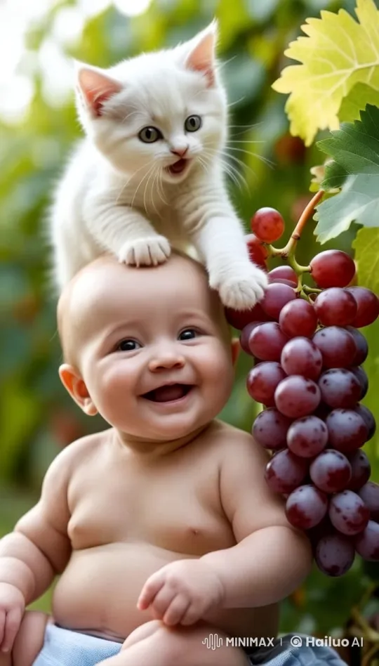 Kitten and Baby's Joyful Grape Play in Vineyard – AI Generated Video | Hailuo AI
