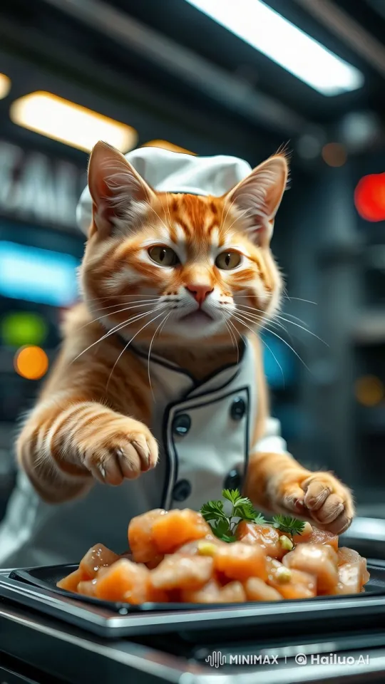Whiskers the Chef: Orange Tabby Preparing Tuna Dish – AI Generated Video | Hailuo AI