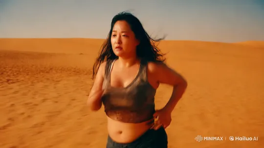 Korean Woman's Energetic Journey Across a Desert Beach – AI Generated Video | Hailuo AI