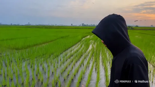 Mysterious Man Walks Through Luminous Rice Field – AI Generated Video | Hailuo AI