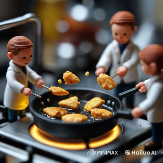 Miniature Chefs Perfectly Fry Chicken in Tiny Pan – AI Generated Video | Hailuo AI