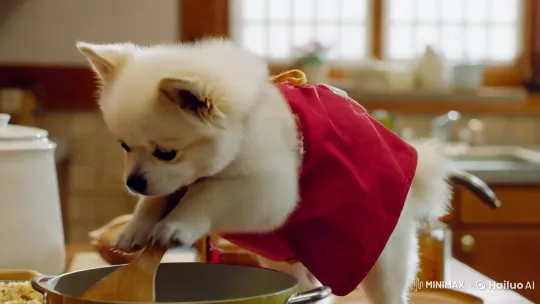 Artful Korean Kitchen Scene: Stirring Dog in Red Apron – AI Generated Video | Hailuo AI