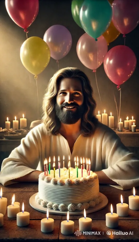 Joyful Jesus Celebrates with Cake and Balloons Animation – AI Generated Video | Hailuo AI
