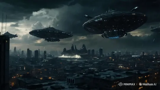 Futuristic Spaceships Hover Over a Stormy Cityscape – AI Generated Video | Hailuo AI