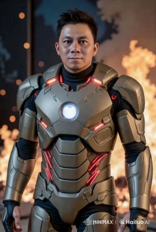 High-Tech Armored Suit Showcase Amid Flames – AI Generated Video | Hailuo AI
