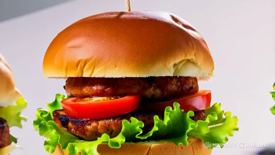 Artful Display of Gourmet Burgers in Vast Space – AI Generated Video | Hailuo AI