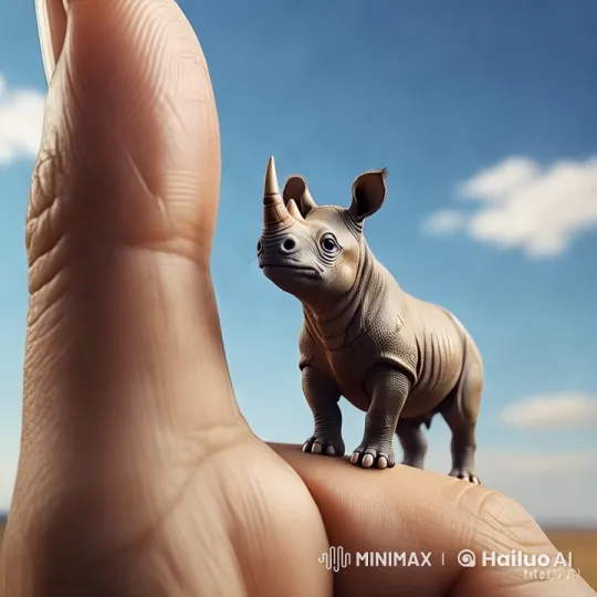 Miniature Rhino Stands Majestically on Human Thumb – AI Generated Video | Hailuo AI