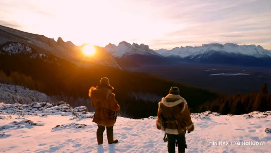 Hunters Overlooking Majestic Winter Valley at Dawn – AI Generated Video | Hailuo AI