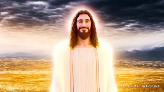 Radiant Christ Stands in Dreamlike Landscape, Protecting Children – AI Generated Video | Hailuo AI