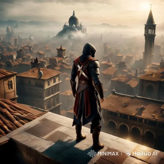 Ancient Cityscape with Hooded Figure at Dusk – AI Generated Video | Hailuo AI