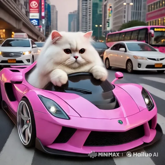 Fluffy Cat 'Drives' Through Bustling City in Pink Sports Car – AI Generated Video | Hailuo AI