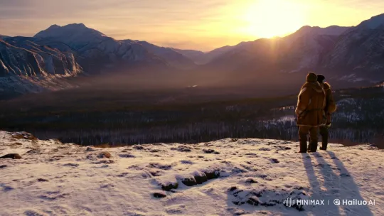 Wintry Panorama: Hunters on a Snowy Slope at Sunrise – AI Generated Video | Hailuo AI