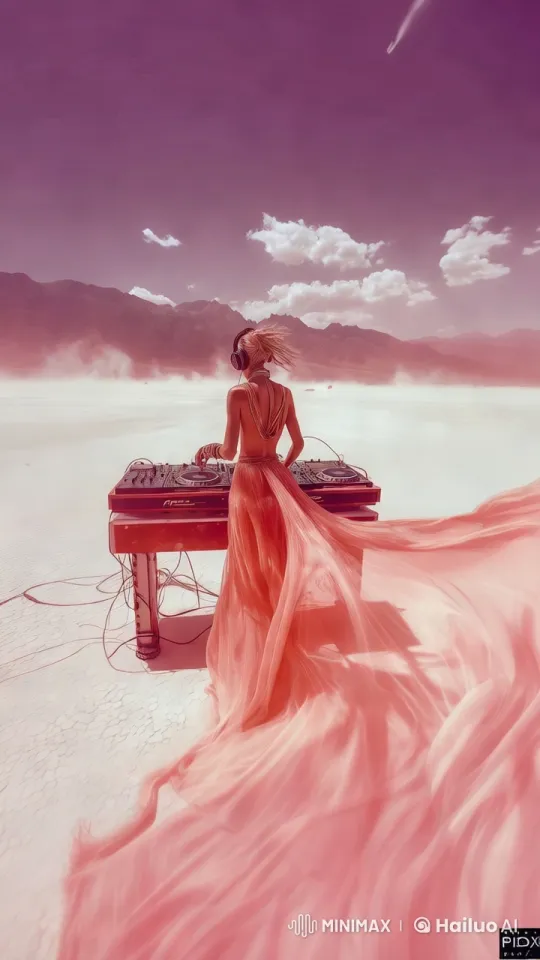 Woman DJ in Windy Desert Landscape – AI Generated Video | Hailuo AI