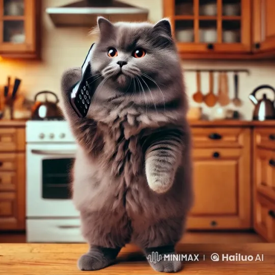 Fluffy Cat Mimics Phone Call in Cozy Kitchen – AI Generated Video | Hailuo AI