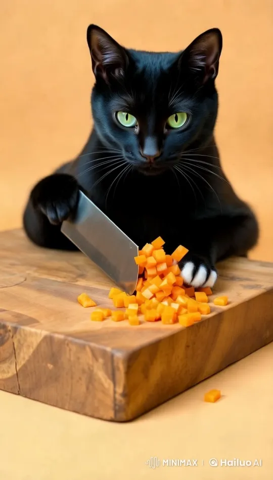 Aesthetic Feline Chef Slices Vegetables with Precision – AI Generated Video | Hailuo AI