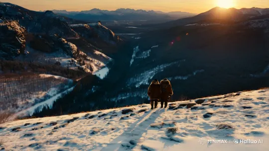 Hunters on Slope Amidst Majestic Winter Panorama – AI Generated Video | Hailuo AI