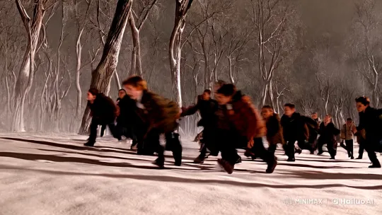 Boys Chase Through Snow, Hunted by Rabbit in Apocalyptic Surrealism – AI Generated Video | Hailuo AI
