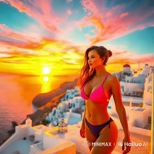 Santorini Sunset: Sensual Walk in Elegance – AI Generated Video | Hailuo AI