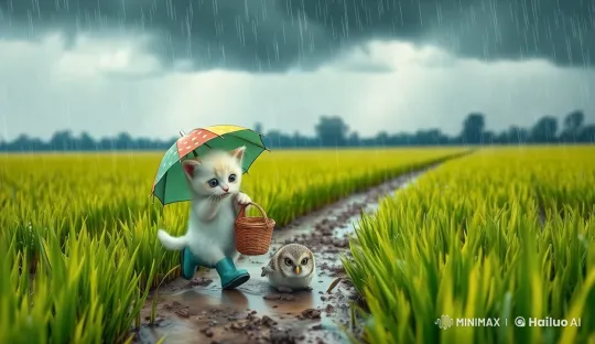 Cat Rescues Baby Owl Amid Stormy Pasture – AI Generated Video | Hailuo AI