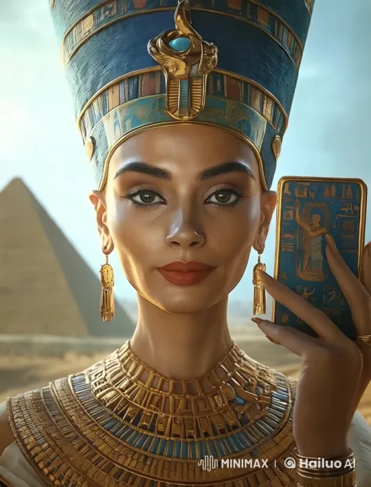 Egyptian Figure Showcases Ancient Artifacts Amidst Pyramids – AI Generated Video | Hailuo AI