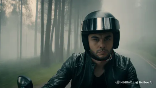 Determined Rider on Foggy Forest Road at Dawn – AI Generated Video | Hailuo AI