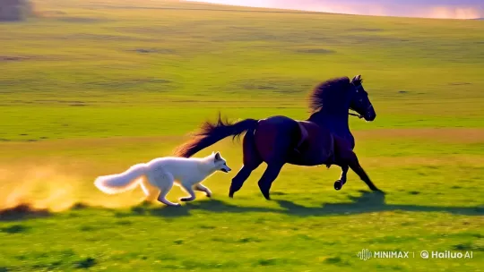 Dramatic Chase: Mare and Fox on Golden Plains – AI Generated Video | Hailuo AI