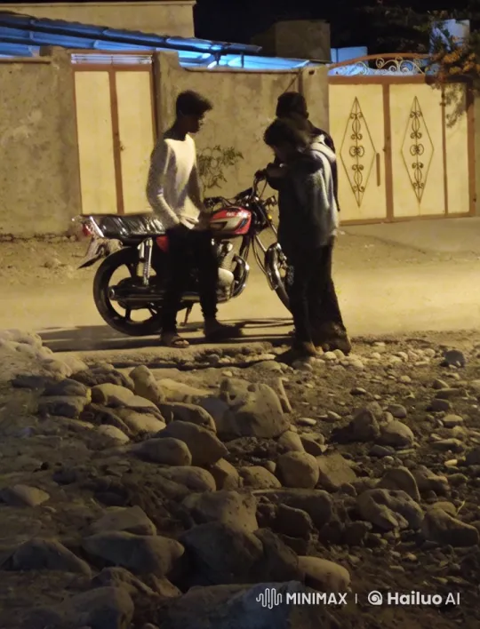Night Scene: Three Individuals by Motorcycle on Rugged Street – AI Generated Video | Hailuo AI
