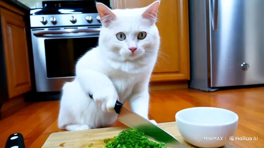 Cat Chops Seaweed in Kitchen with Knife – AI Generated Video | Hailuo AI