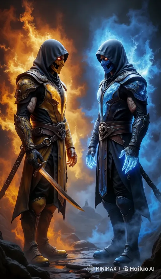 Elemental Warriors Face Off on Fiery-Icy Terrain – AI Generated Video | Hailuo AI