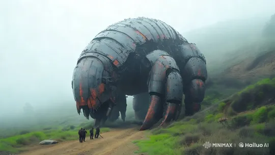 Misty Landscape with Enormous Rusty Robot and Soldiers – AI Generated Video | Hailuo AI