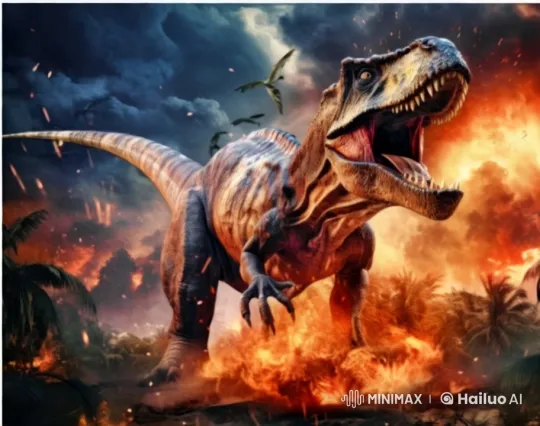 Tyrannosaurus Rex Engages in Fiery Prehistoric Battle – AI Generated Video | Hailuo AI